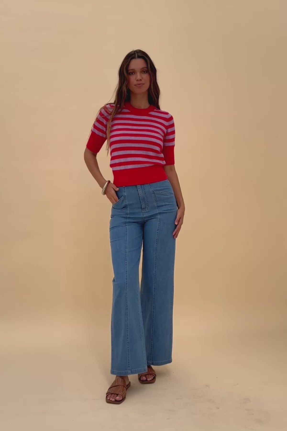 Woman wearing the Frock Me Out RED and DISCO LILAC Stripe Knit 