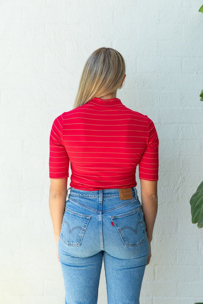 
                      
                        Red with Gold Lurex Stripe Mock Neck Top
                      
                    