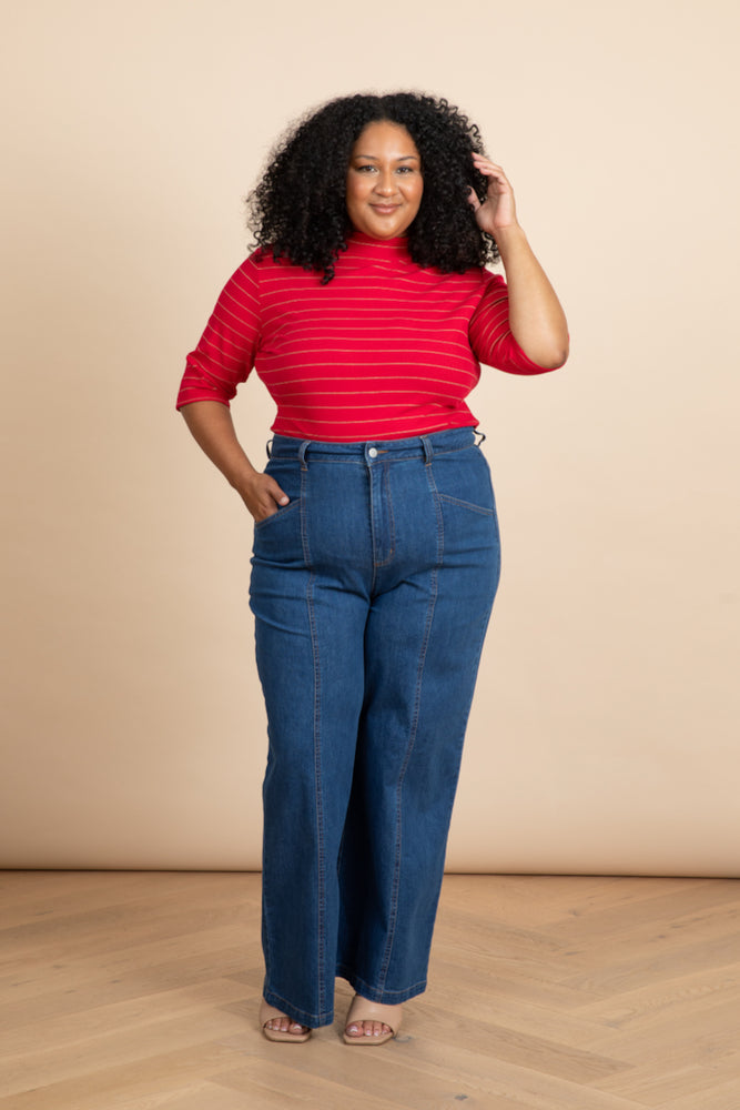 
                      
                        Red with Gold Lurex Stripe Mock Neck Top
                      
                    